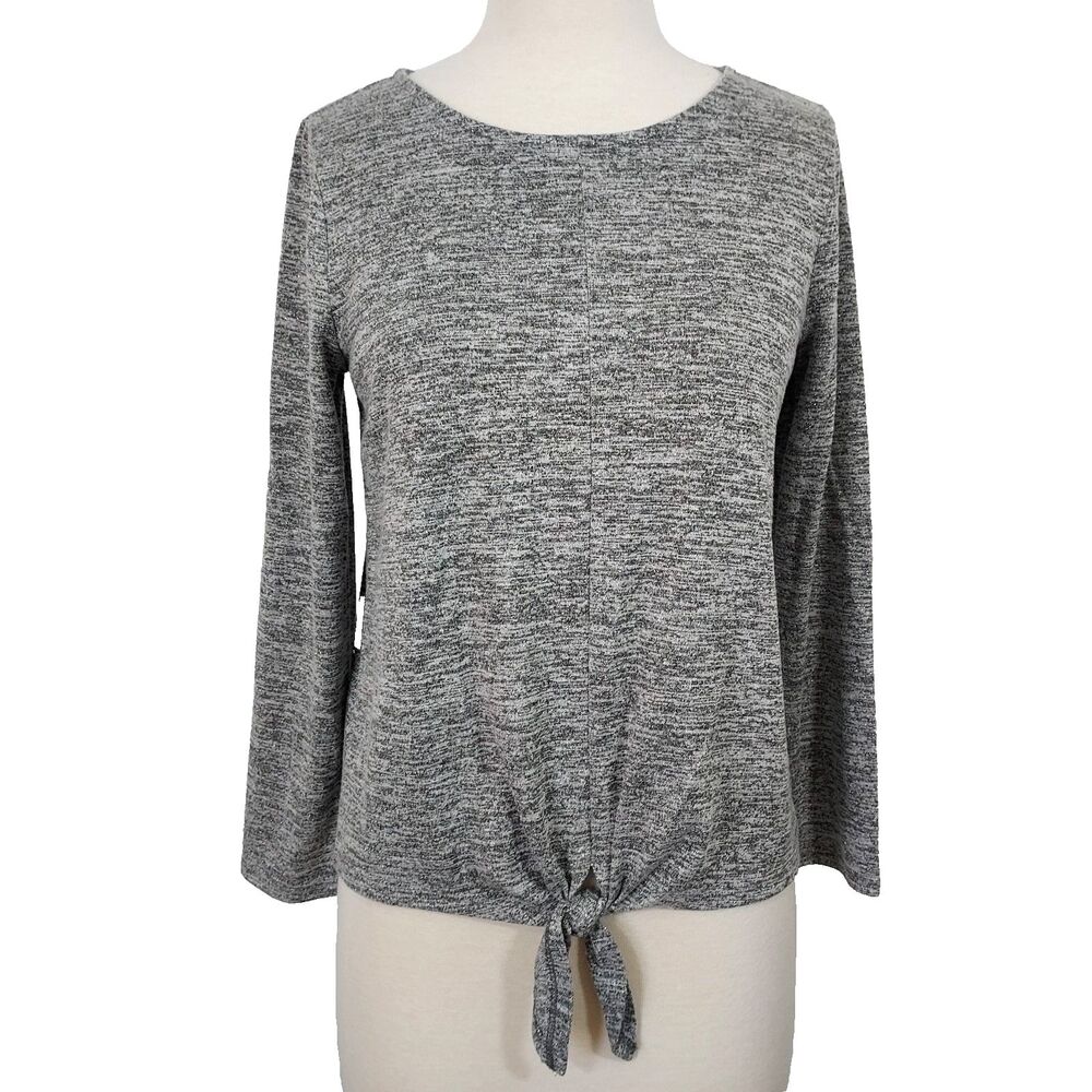 Talbots Gray Silver Metallic Shimmer Tie Front Long Sleeve Size MP Shirt Top